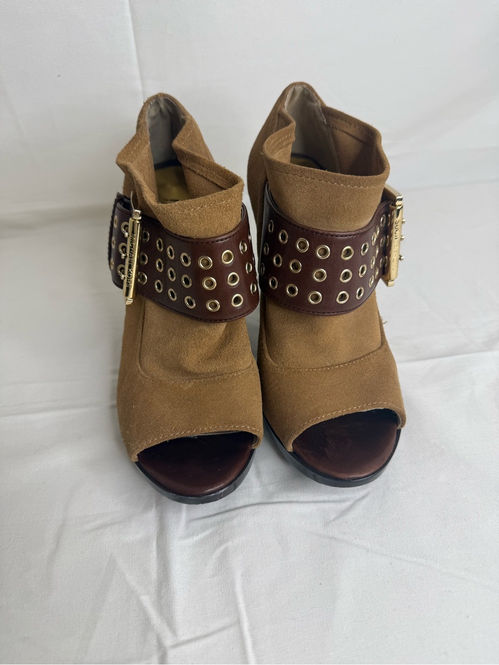 Michael Kors Brown Suede Peep Toe Block Heel Buckle Heels 6.5
